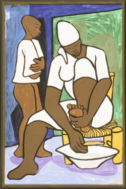 A painting of two people with dark skin, wearing white clothing, are next to each other. One figure appears childlike and the other is an adult. The adult is washing their feet in a white basin.