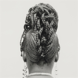 A black and white photograph of the back of an African American person's (presumably a woman's) head/hair. The hair is intricately braided and woven. 
